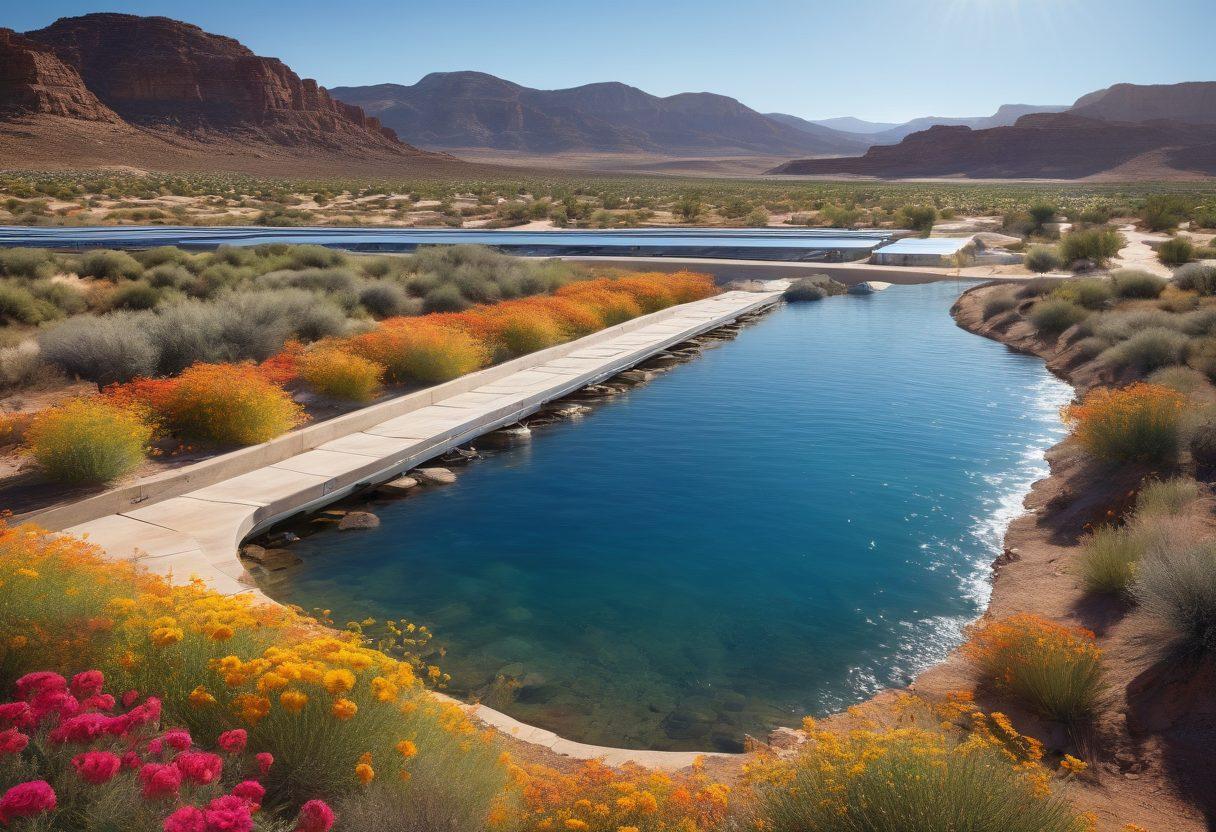 A futuristic landscape of resilient water infrastructure in New Mexico, featuring advanced dams, smart irrigation systems, and solar-powered water purification plants, all set against a backdrop of arid desert terrain and vibrant blooming flowers. Include a clear blue sky with the sun shining brightly. The scene should convey innovation, sustainability, and efficiency in water management. super-realistic. vibrant colors. 3D.