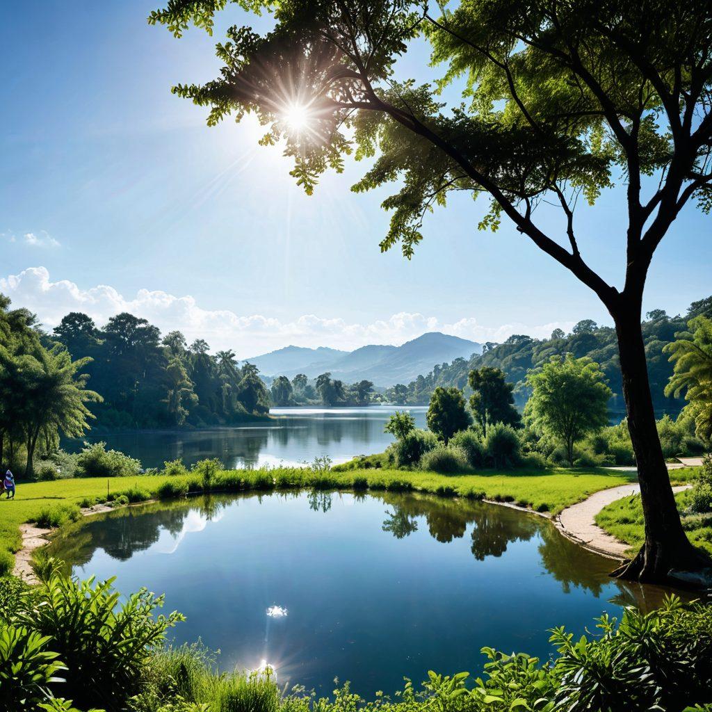 A serene landscape featuring a crystal-clear lake surrounded by lush greenery, with diverse people using effective water management strategies like rainwater harvesting and water filtration. Include elements like a modern water treatment plant in the background, and bright sun rays reflecting off the water. Depict harmony between nature and technology. vibrant colors. super-realistic.