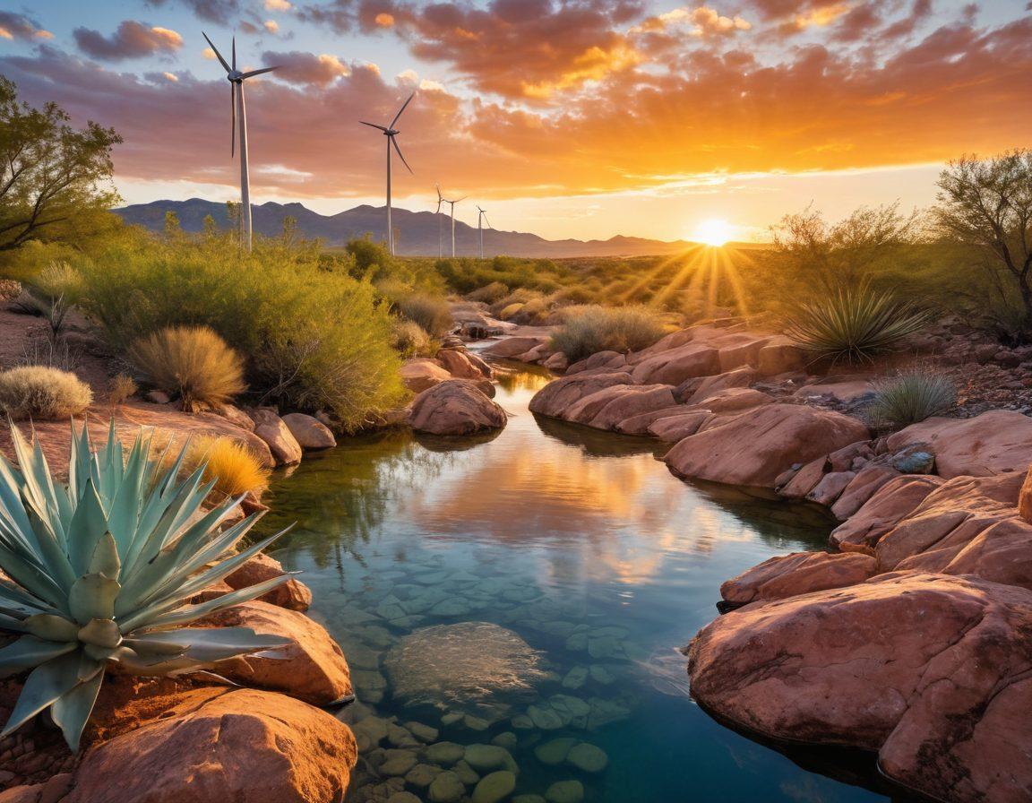 A serene desert landscape in New Mexico featuring a vibrant blue reservoir with a lush surrounding vegetation. Include indigenous plants like agave and cacti, and a group of diverse people engaging in water conservation practices, such as rainwater harvesting and drip irrigation. The sunset casts warm golden tones, symbolizing sustainable practices. Include a small wind turbine in the distance to reflect renewable energy. super-realistic. vibrant colors. clear sky.